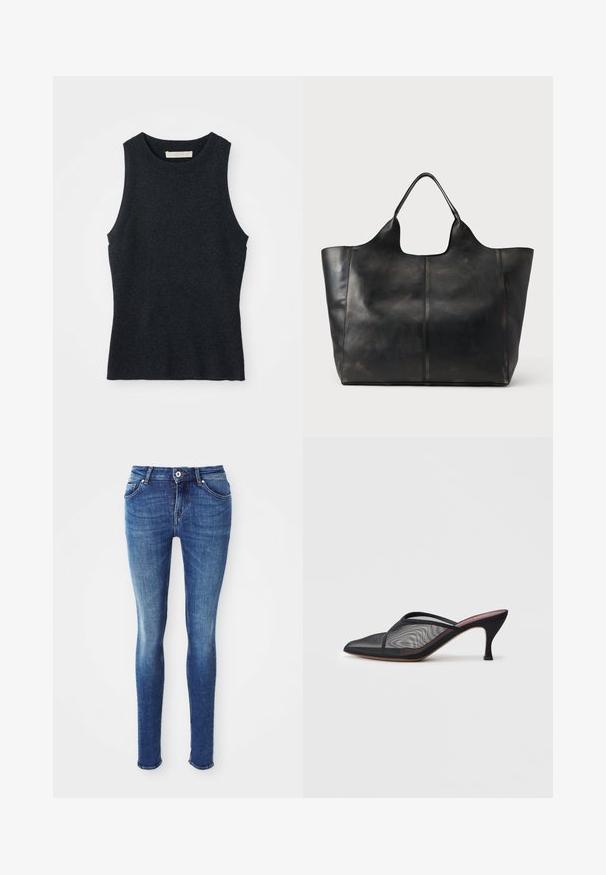Udenærmet, mørkegrå strikket tanktop med rund hals, lagt fladt på hvid baggrund.; Blå denim skinny jeans med en glat tekstur, mellemhøj talje, fem lommer og let falming på lårene. Skønhed med metalknap og lynlås.; Sort mesh mule med spids tå, tynde stropper og 3-tommer stiletto hæl. Har en gennemsigtig struktur og en ensfarvet sål.; Sort lædertaske med glat tekstur, bred åbning og to korte håndtag, med minimal syning og enkelt design.
