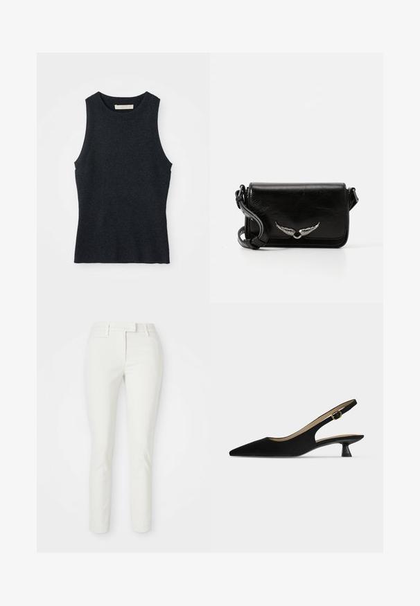 Débardeur en tricot gris foncé sans manches avec col rond, posé à plat sur un fond blanc.; Pantalons blancs ajustés avec une texture lisse, des détails de poches subtils et une taille classique. Conçus pour un look soigné.; Chaussure slingback noire à bout pointu, petit talon kitten et bride à boucle dorée, présentée de profil sur fond uni clair.; Sac en cuir noir à bandoulière avec un design à rabat, présentant des accents d'aile en argent et une finition texturée. Sangle réglable incluse.