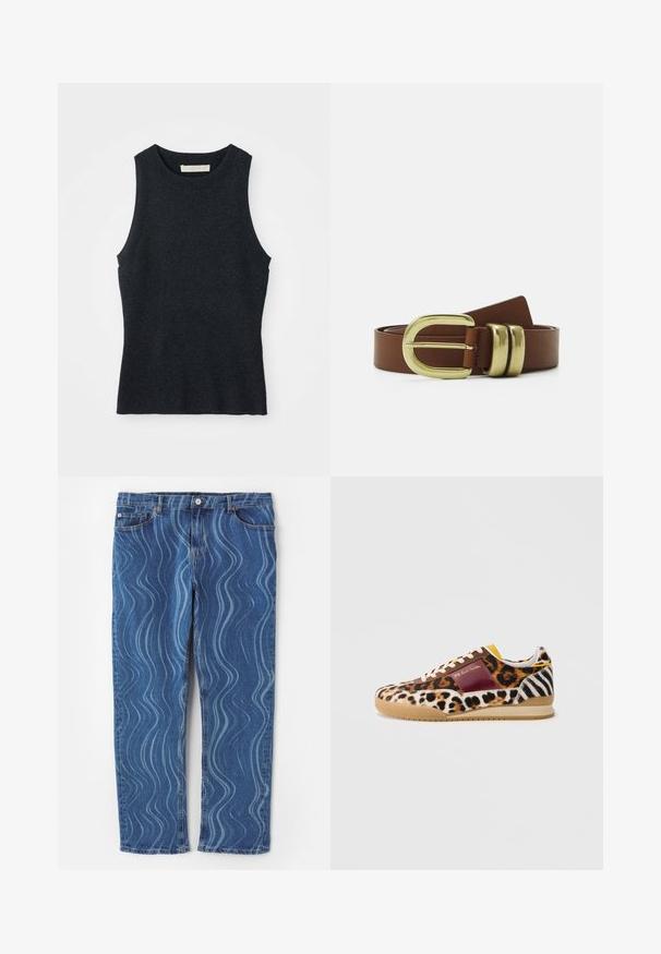 Débardeur en tricot gris foncé sans manches avec col rond, posé à plat sur un fond blanc.; Jeans en denim bleu avec un motif ondulé bleu clair, coupe droite, fermeture à bouton et détails cousus sur les poches.; Les baskets présentent un mélange d'imprimés animaliers : motifs léopard et zèbre sur un tissu doux. Des accents en daim marron et une semelle en caoutchouc complètent le design.; Ceinture en cuir marron avec une boucle à double ardillon en ton or et deux bandes décoratives. Texture lisse, design simple.
