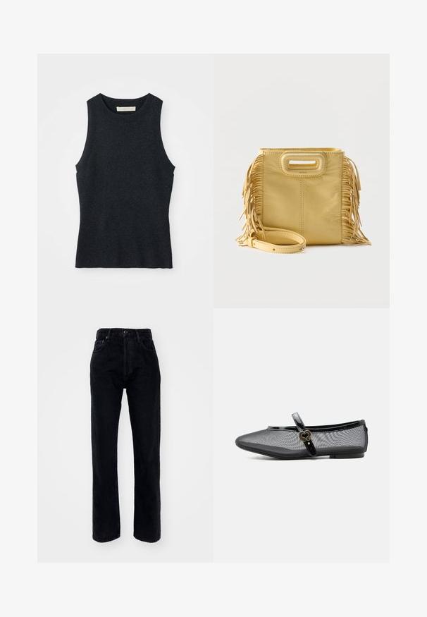 Udenærmet, mørkegrå strikket tanktop med rund hals, lagt fladt på hvid baggrund.; Sorte denim jeans med høj talje og lige ben, der har fem lommer, bæltestropper og en knaplukning i taljen.; Sort net Mary Jane flad sko med blank rem og hjerteformet guldlås, lav hæl og rundet tå på en ensfarvet baggrund.; Gul lædertaske med frynser på siderne, rektangulært udskåret håndtag og aftagelig skulderrem placeret foran.