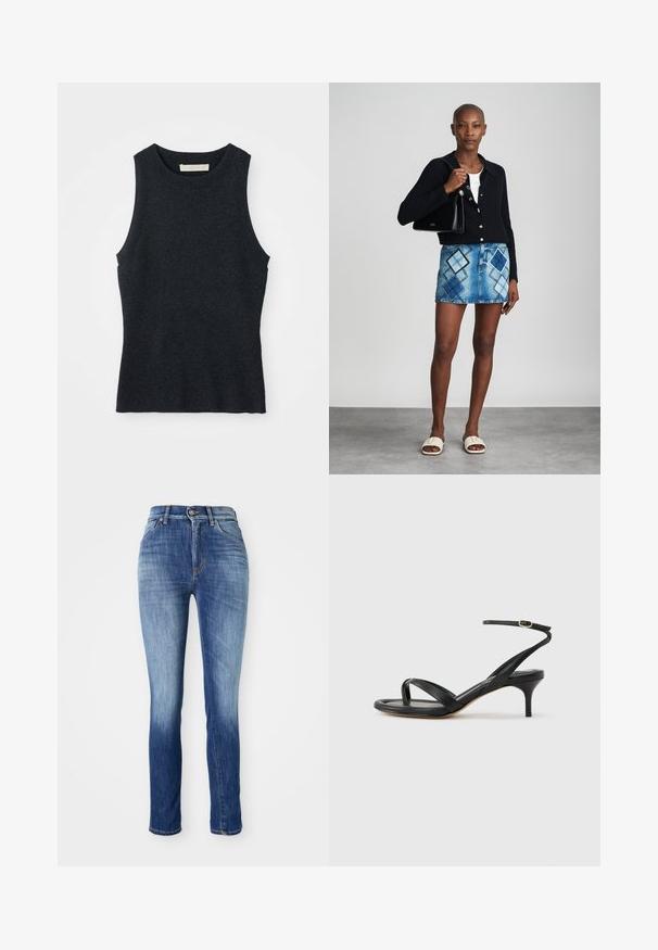 Débardeur en tricot gris foncé sans manches avec col rond, posé à plat sur un fond blanc.; Jean skinny en denim bleu moyen, avec un effet délavé, un design à cinq poches, des passants de ceinture et une fermeture à bouton métallique.; Sandale pour femme en cuir noir avec fines lanières, une boucle d'orteil, une boucle à la cheville et un talon aiguille de hauteur moyenne sur un fond neutre.; Un cardigan en maille noir, un haut blanc, une jupe en denim avec un motif de diamants bleus et noirs, un sac à main noir et des sandales à enfiler beiges.