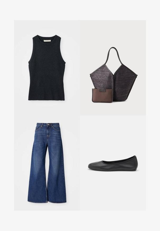 Débardeur en tricot gris foncé sans manches avec col rond, posé à plat sur un fond blanc.; Jean en denim à jambes larges, de couleur bleu foncé, avec un design classique à cinq poches, fermeture à bouton et un léger effet d'usure le long des cuisses.; Ballerines en cuir noir avec un bout rond, texture lisse, détails de couture minimalistes et design de semelle flexible.; Hereu CALELLA - Cabas - dark brown
