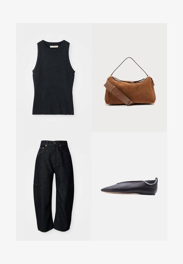 Udenærmet, mørkegrå strikket tanktop med rund hals, lagt fladt på hvid baggrund.; Mørke denim jeans med en afslappet pasform, der har diskret orange syninger, forlommer og en flad talje med en knaplukning.; Sort læder flad sko med spids tå, lav hæl og sølvkæde detalje bagpå mod en ensfarvet baggrund.; Brun skuldertaske i ruskind med en bred, justerbar læderrem og et tyndt håndtag, sat mod en ensartet lys baggrund.