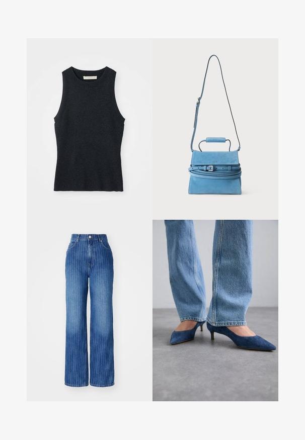Udenærmet, mørkegrå strikket tanktop med rund hals, lagt fladt på hvid baggrund.; Blå denim brede bukser med lodrette hvide striber, høj talje og fem-lomme design, med knap- og lynlåslukning.; Blå ruskinds kitten heels med spidse tæer og en lav hæl, parret med lyseblå denim jeans med lige ben.; Blå ruskindshåndtaske med top håndtag, justerbar lang skulderrem og sølv spænde detalje på flaplukning.