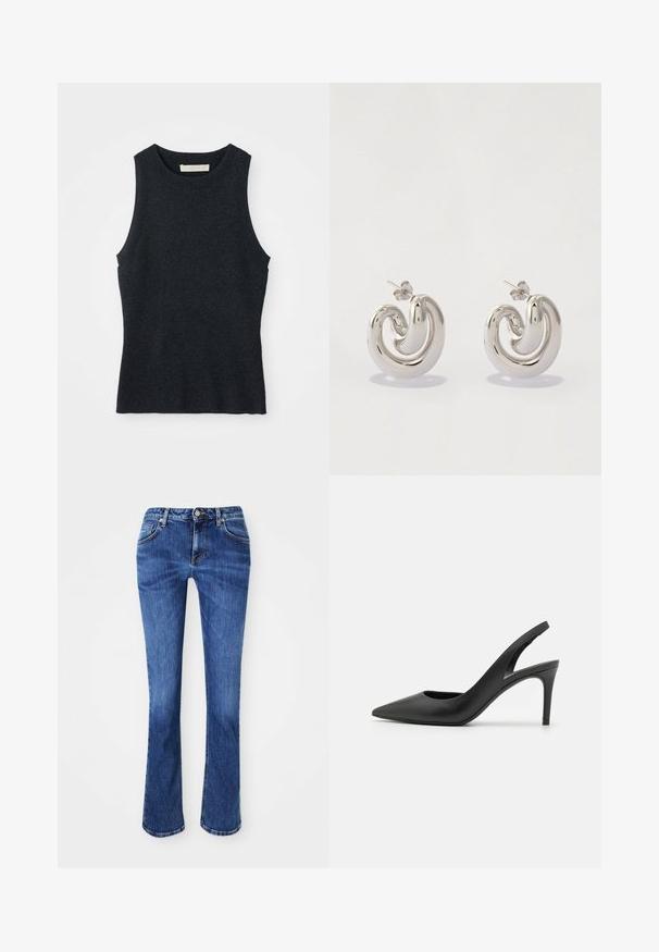 Débardeur en tricot gris foncé sans manches avec col rond, posé à plat sur un fond blanc.; Jean en denim bleu, avec une coupe droite, design à cinq poches, fermeture à bouton en laiton, et un léger délavage pour la texture.; Escarpins à talon aiguille en cuir noir, avec un design à bout pointu, présentant une découpure à l'avant et un talon fin.; Boucles d'oreilles en métal argenté avec un design tourbillonnant, présentant des surfaces lisses et une finition polie, maintenues par un fermoir en papillon.