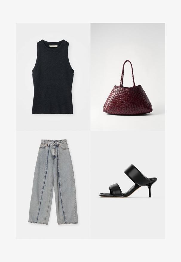 Udenærmet, mørkegrå strikket tanktop med rund hals, lagt fladt på hvid baggrund.; Lyseblå vide jeans med rå kanter, høj talje og kontrast sømme. Lavet af denim, der fremviser en afslappet pasform og minimal slid.; Sort læder mule sandal med to brede remme og en slank mellemhøj stiletthæl på en ensartet lys baggrund.; DRAGON DIFFUSION SANTA CROCE BIG - Håndtasker - bordo