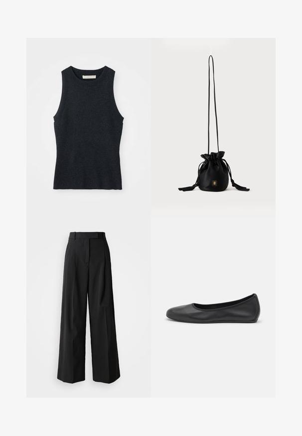 Débardeur en tricot gris foncé sans manches avec col rond, posé à plat sur un fond blanc.; Pantalons noirs à jambe large en tissu lisse avec une taille haute, dotés de deux plis frontaux et d'une coupe ajustée.; Ballerines en cuir noir avec un bout rond, texture lisse, détails de couture minimalistes et design de semelle flexible.; Sac seau noir à cordon avec une longue sangle fine et un petit logo carré doré sur le devant, présenté sur un fond uni.