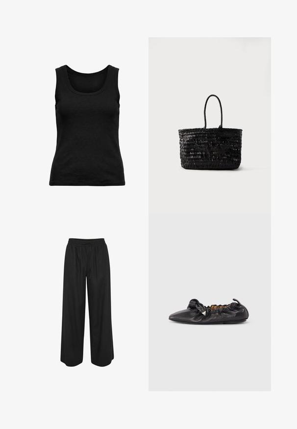 Camiseta sin mangas negra con costillas, escote redondo, corte ajustado y color sólido, mostrada plana sobre fondo blanco.; Pantalones negros de pierna ancha con cintura elástica y cordón, hechos de tela ligera, mostrados sobre un fondo blanco.; Bailarina de cuero negro con fruncidos, punta afilada y pequeño adorno triangular metálico en el lateral, suela plana.; Bolso tote de cuero tejido negro con dos asas redondeadas, de pie sobre un fondo blanco liso.