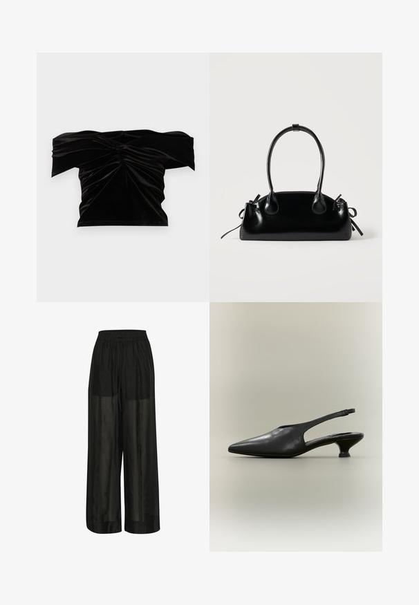 Good American OFF SHOULDER - T-Shirt print - black; Schwarze weit geschnittene Hose aus transparentem Stoff, mit einem elastischen Bund und einem Kordelzug für eine verstellbare Passform und einer glatten Textur.; Schwarzer Slingback-Schuh aus Leder mit spitzer Zehenpartie und niedrigem Kitten-Heel vor neutralem Hintergrund.; Kleine schwarze glänzende Handtasche mit zwei langen Griffen und seitlichen Kordelzug-Details vor einfachem hellem Hintergrund.