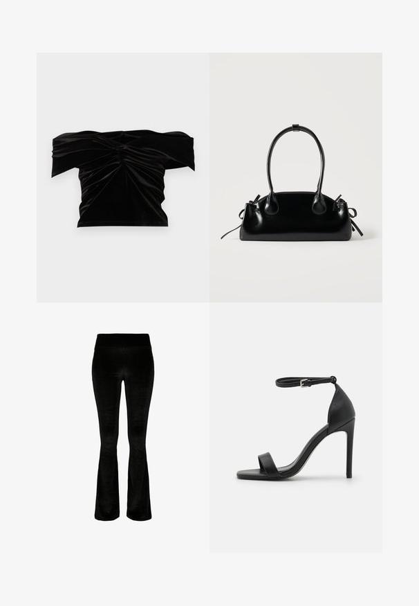 Good American OFF SHOULDER - T-shirts print - black; Sorte bukser med vidde i blødt, velourstof. Høj talje og glat overflade. Designet har en vid cut fra knæet og ned.; Sort højhælet sandal med et sleek design, der har en ankelrem, åben tå og glat lædertekstur.; Lille sort blank håndtaske med to lange håndtag og snøre-detaljer i siden på en ensfarvet lys baggrund.