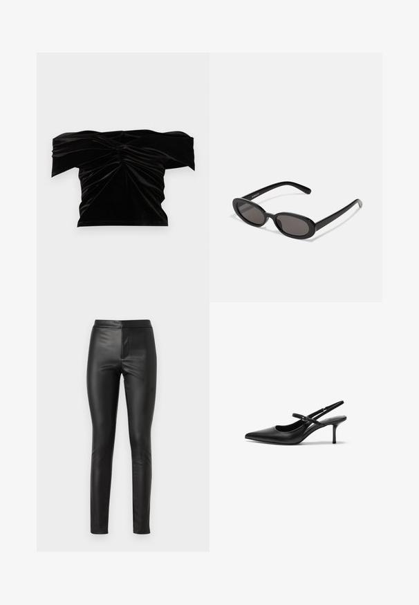 Good American OFF SHOULDER - T-shirt imprimé - black; Leggings en cuir noir avec une texture lisse, coupe slim et taille haute. Comprend une couture avant pour une apparence élégante.; Talons aiguilles noires en cuir avec un bout pointu, une fine bride réglable, et un talon aiguille d'environ 5 cm, texture lisse.; Even&Odd by Zalando Lunettes de soleil - black