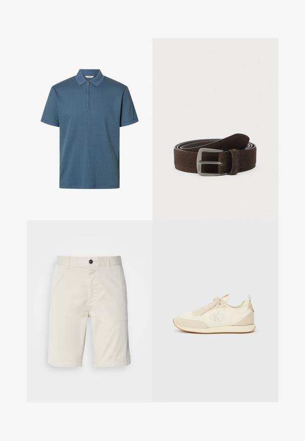 Polo azul de manga corta con textura acanalada, cremallera en la parte frontal y cuello y puños texturizados, mostrado sobre un fondo blanco.; Shorts de color beige claro fabricados en algodón, con cierre de botón, bolsillos delanteros y dobladillo cosido. Textura suave con un diseño casual.; Zapatillas deportivas en crema y beige, con una parte superior de tejido suave y acentos de ante. Detalle de logo sutil y suela de goma con bordes en contraste.; Cinturón de ante marrón con hebilla de metal plateado, detalle de doble costura y textura suave con punta redondeada.