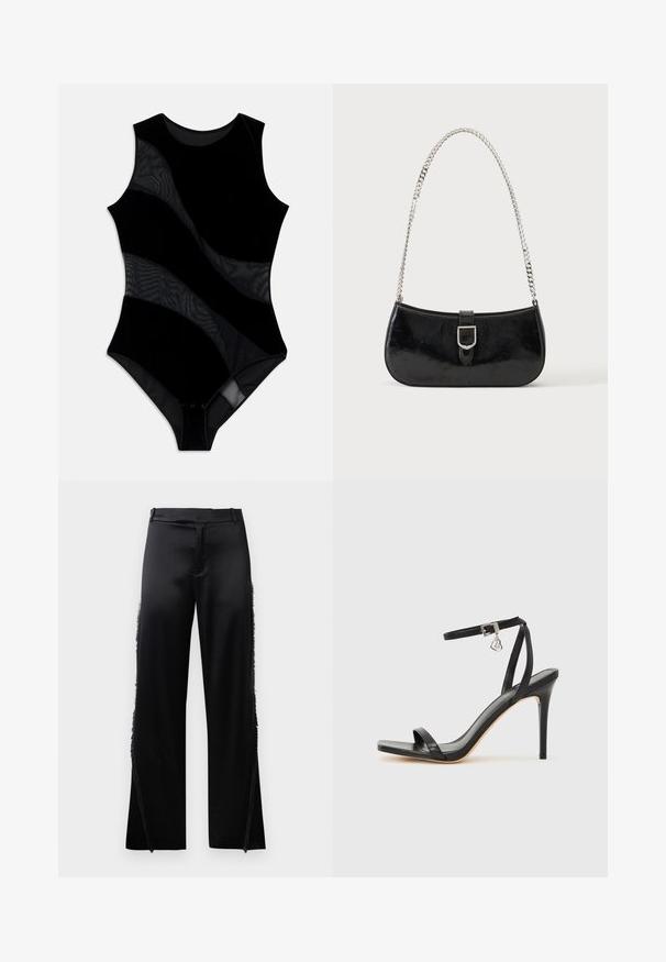 Bodysuit noir au design sans manches, doté de panneaux en maille texturée et d'un corps en velours lisse. Il a un col rond et une fermeture à pressions.; Pantalons en satin noir à jambes larges, avec des détails en franges le long des coutures latérales et une taille plate à l'avant. Dos uni sans poches.; Sandale à talon haut noire avec une bride étroite à la cheville, bout carré, cuir lisse et accent de boucle métallique.; Sac à épaule en cuir verni noir avec détail de boucle argentée et bandoulière en chaîne argentée, présenté sur un fond uni clair.