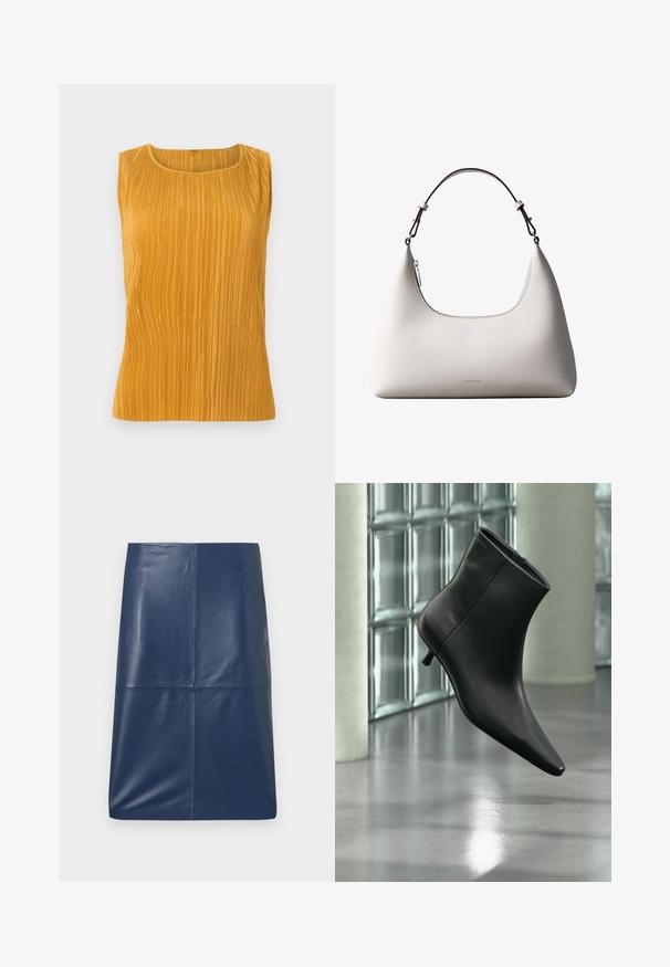 Top sin mangas de color mostaza con pliegues verticales, escote redondeado y una textura suave. Diseño simple sin adornos adicionales.; Falda lápiz de cuero azul marino con una textura suave y brillante, que presenta un diseño simple y aerodinámico con corte recto. Sin herrajes visibles.; Botín negro de cuero con punta puntiaguda y tacón bajo estilo kitten, mostrado en ángulo sobre un suelo pulido y con una pared de bloques de vidrio de fondo.; Bolso de hombro de cuero color crema de Calvin Klein con borde superior curvado, cremallera plateada y correa ajustable marrón oscuro.
