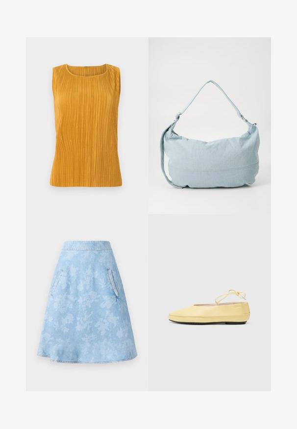 Sennepsgul ærmeløs top med lodrette plisseer, rund halsudskæring og en glat struktur. Simpelt design uden yderligere udsmykninger.; Denim A-linje nederdel i lys blå med subtilt blomstermønster, som har to sidelommer og en glat, kantet finish.; Gule læderballetsko med rund tå, tynd ankelstrop og sort gummisål. Glat tekstur med minimale design detaljer.; Lysblå denim skuldertaske i en rund form, justerbar rem og diskret syning langs den nederste kant. Blød tekstur.
