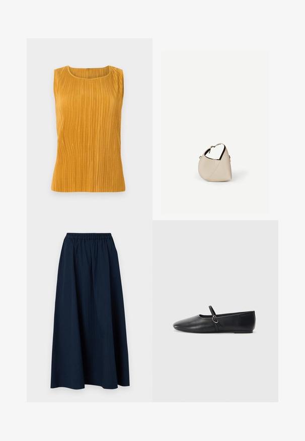 Top sin mangas de color mostaza con pliegues verticales, escote redondeado y una textura suave. Diseño simple sin adornos adicionales.; Falda larga de color azul marino, hecha de un tejido texturizado con una cinturilla elástica y sutiles rayas verticales.; Bailarinas de cuero negro con punta afilada, suela plana y una pequeña correa con detalle de hebilla plateada.; Bolso de cuero beige en forma de media luna con una sola correa para el hombro y costuras mínimas, colocado sobre un fondo blanco liso.