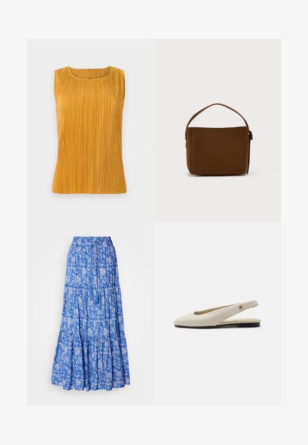 Mosterdgele mouwloze top met verticale plooien, ronde halslijn en een gladde textuur. Eenvoudig ontwerp zonder extra versieringen.; Blauwe bloemen maxi rok met witte patronen, geraffineerde lagen en een trekkoord tailleband met franjes aan de zoom. Katoenen materiaal.; Crèmekleurige leren slingback platte schoen met ronde neus en klein gouden embleem op het bandje.; Bruine rechthoekige schoudertas met een enkele brede handgreep en gespsluiting, tegen een effen witte achtergrond.