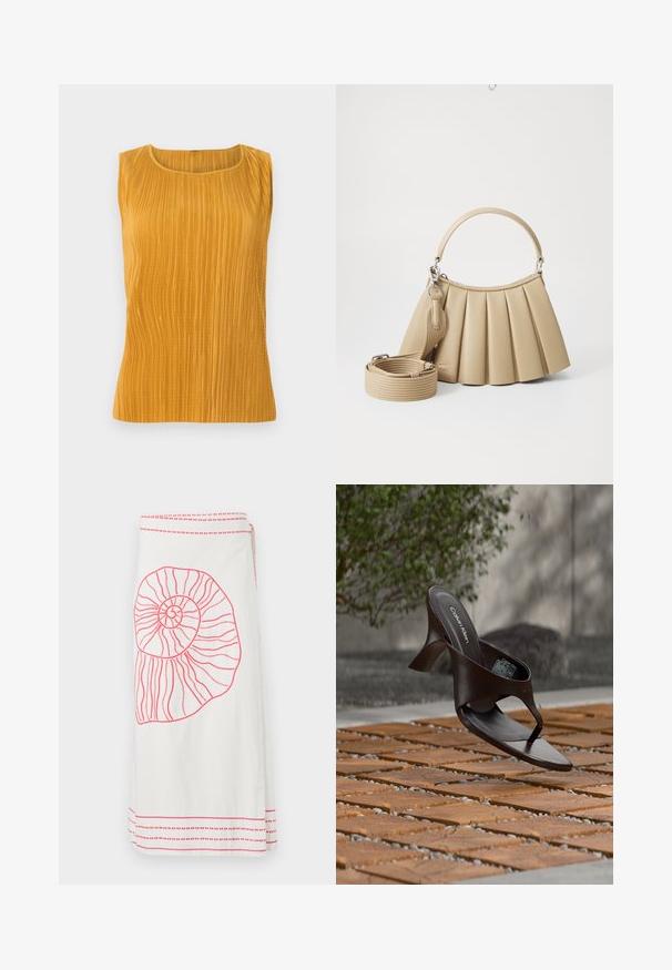 Top sin mangas de color mostaza con pliegues verticales, escote redondeado y una textura suave. Diseño simple sin adornos adicionales.; Falda larga blanca con un gran diseño de concha nautilus bordada en rosa y franjas horizontales en rosa contrastante en el dobladillo y la cintura.; Sandalia de tiras con tacón marrón de Calvin Klein suspendida sobre suelo exterior de loseta de madera y grava, con fondo desenfocado de vegetación y piedras.; Lacoste LENGLEN BAG - Bolso de mano - viennois