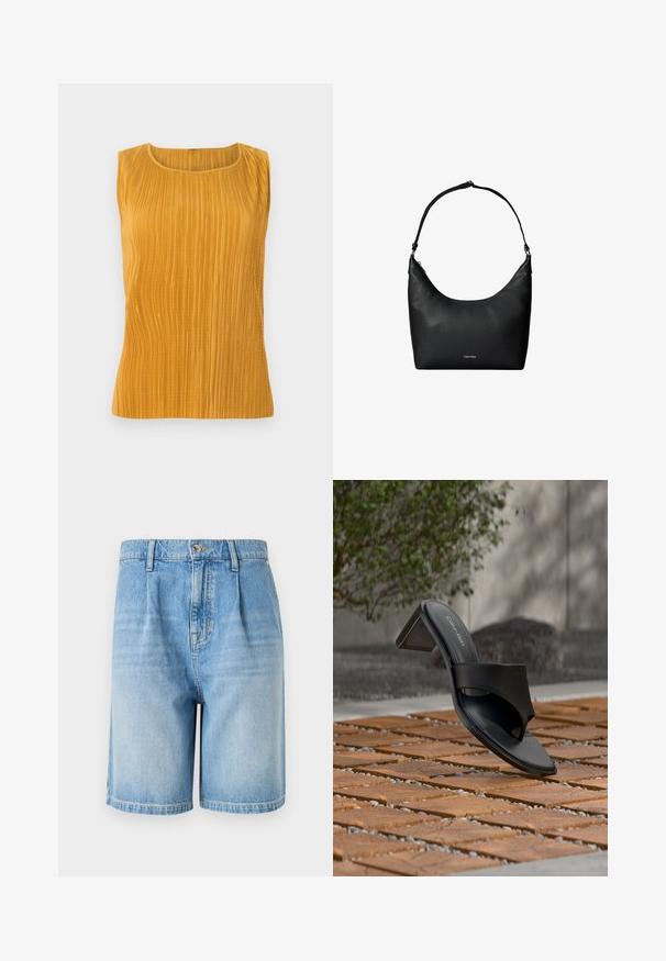 Senfgelbes ärmelloses Oberteil mit vertikalen Falten, rundem Ausschnitt und glatter Textur. Einfaches Design ohne zusätzliche Verzierungen.; Helle blaue Denim-Shorts mit lockerer Passform, ausgestattet mit einem Knopfverschluss, zwei Fronttaschen und einem geraden Saum. Faded-Optik über die gesamte Fläche.; Schwarze Calvin Klein Sandale mit Absatz und Zehenschlaufe auf einem Holzkachelfußboden im Freien neben einem Baum und einer Steinmauer.; Schwarze, strukturierte Lederschultertasche mit einem einzelnen Riemen und einem kleinen Calvin Klein-Logo vorne in der Mitte.