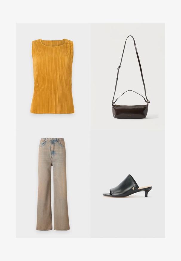 Sennepsgul ærmeløs top med lodrette plisseer, rund halsudskæring og en glat struktur. Simpelt design uden yderligere udsmykninger.; Lyse vaskede, vide ben jeans med høj talje, lavet af denim. Har diskret syninger og fem lommer, med en let falmet tekstur.; Sorte læder open-toe mules med en lav hæl. Har en glat overflade og et guld logo-prim på siden.; Lille blank mørkebrun læder skuldertaske med justerbar rem, top håndtag og gyldent lynlås lukning.