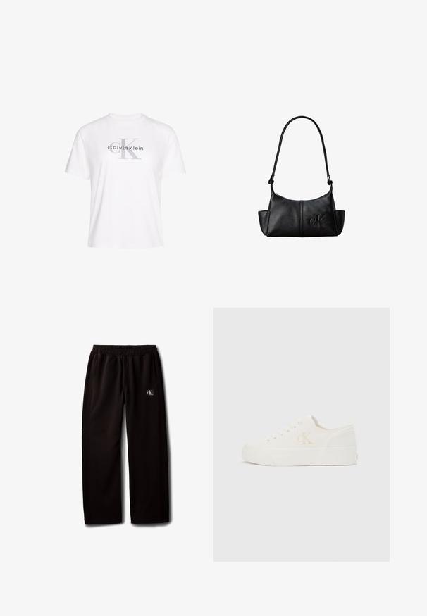 Wit katoenen T-shirt met korte mouwen, voorzien van een grijs gedrukt "Calvin Klein" logo en een opvallend "K" ontwerp in het midden.; Zwarte wijde broek met elastische tailleband en zijzakken, met een klein Calvin Klein logo-patch op de rechterdij.; Witte lage sneaker met dikke zool en zijkant "cK" logo, veters aan de voorkant en minimalistisch ontwerp op een neutrale achtergrond.; Zwarte leren schoudertas met lange band, zijvakjes en een reliëflogo van Calvin Klein aan de voorkant.