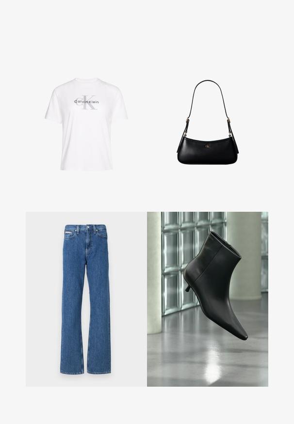 Camiseta blanca de algodón con mangas cortas, con el logo gris impreso "Calvin Klein" y un diseño destacado de la letra "K" en el centro.; Vaqueros de mezclilla azul con un diseño de pierna recta, con una cintura de altura media, bolsillos delanteros y un sutil detalle desgastado.; Botín negro de cuero con punta puntiaguda y tacón bajo estilo kitten, mostrado en ángulo sobre un suelo pulido y con una pared de bloques de vidrio de fondo.; Mini bolso negro de cuero para hombro con correa delgada y pequeño logo dorado CK en el centro frontal.