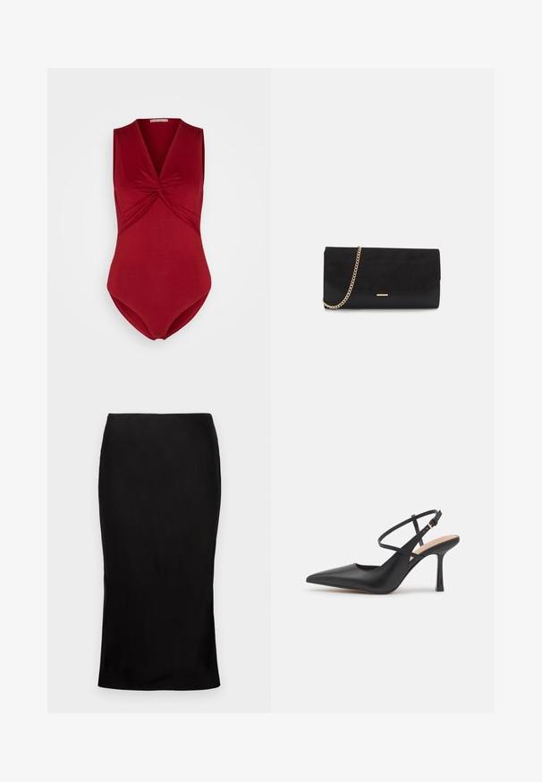 Anna Field Top - dark red; Sort, tætsiddende midi-nederdel med en glat tekstur, detaljer med sideslids og en klassisk talje. Designet til en elegant silhuet.; Sorte læder slingback hæl med spids tå, tynd tværgående rem og 9 cm stiletto hæl. Glat tekstur med et minimalistisk design.; Sort clutch taske lavet af ruskind med en struktureret overflade, udstyret med en guld kædestrop og et elegant, kantet design.