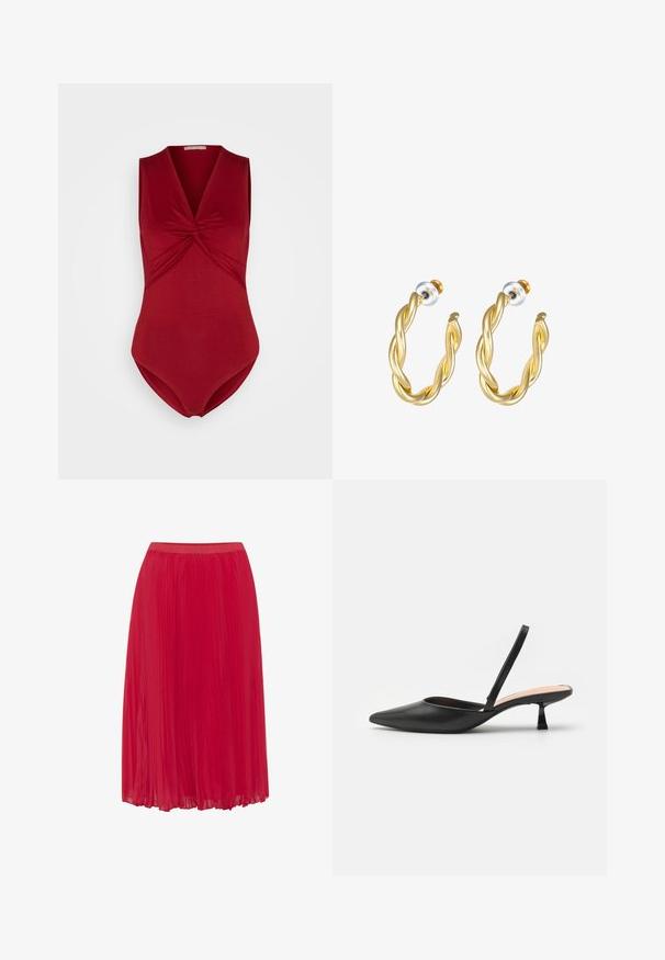 Anna Field Top - dark red; Rød plisseret nederdel i et glat, let materiale. Har en elastisk talje og et flydende design for nem bevægelse.; Sorte slingback-pumper med spidse tå, elegant mat finish, lav vinkelhæl og minimalistisk design. Har en tynd ankelrem.; Guld snoede hoops øreringe med en glat overflade, der har en transparent baggrund og hardware i guldtoner.