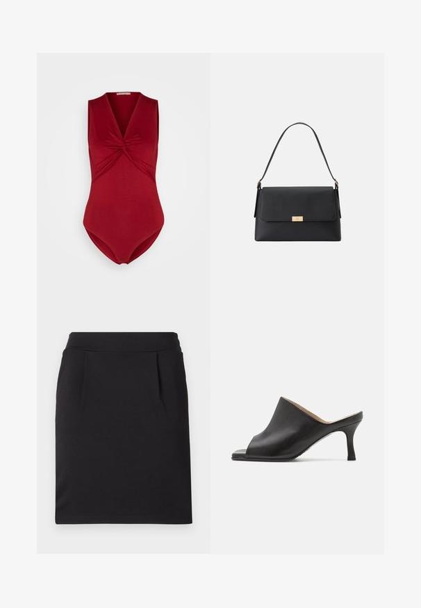 Anna Field Top - dark red; Sort knælang blyantskørt med bred linning og diskrete forreste plisseringer, lavet af glat stof.; Selected ASHLEY - Mules med hæl - black; Sort håndtaske lavet af tekstureret materiale med en struktureret form. Har en klaplukning, en guldfarvet hardwaredetalje og et enkelt håndtag.