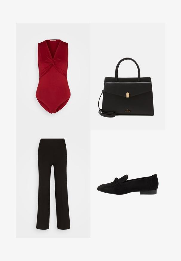 Anna Field by Zalando Topper - dark red; Sorte, vide bukser laget av et glatt stoff med høy midje og uten synlig utstyr eller mønstre.; Svarte semskede leilighetssko med en knyttet detalj ved tåen, glatt tekstur, spiss form og en lav, rektangulær hæl.; Svart lærveske med en strukturert form, med en klaff i gulltone, doble håndtak og en justerbar skulderrem. Logo vist på fronten.
