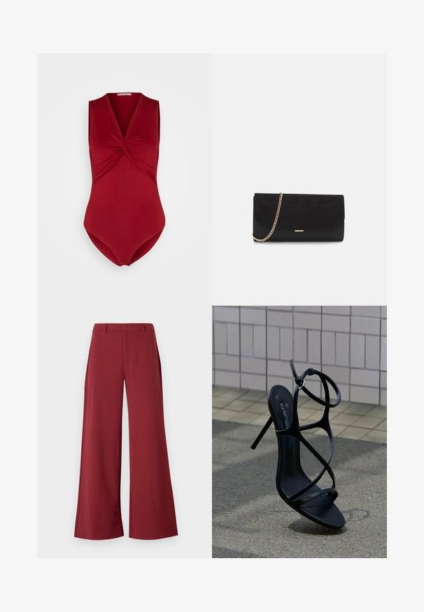 Anna Field by Zalando Top - dark red; Bredde bukser i en dyb burgunderfarve. Lavet af et glat, strækbart stof med skræddersyede sømme og lynlås foran.; Sort højhælet sandal med tynde remme og ankelspænde, placeret oprejst på grå fortov nær flisebelagt væg baggrund.; Sort clutch taske lavet af ruskind med en struktureret overflade, udstyret med en guld kædestrop og et elegant, kantet design.