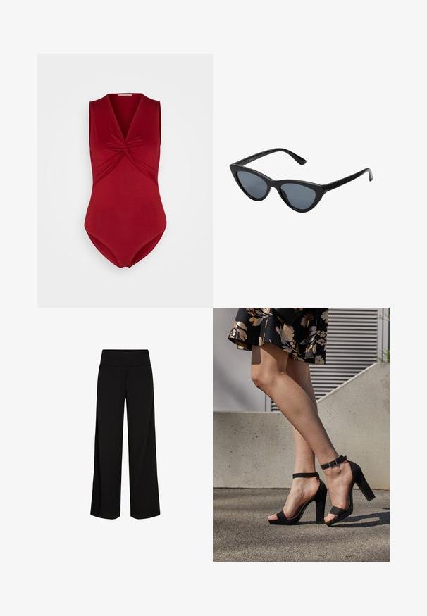 Anna Field by Zalando Μπλούζα - dark red; Μαύρο παντελόνι σε φαρδιά γραμμή με μαλακή, ελαστική ζώνη. Λείο ύφασμα, πλήρους μήκους σχέδιο, χωρίς ορατές κλείσεις ή σχέδια.; Μαύρες σουέτ ψηλοτάκουνες σανδάλες με λουράκι στον αστράγαλο και αγκράφα, ανοιχτή μύτη και χοντρό τακούνι. Λείος υφής και μινιμαλιστικό στυλ.; Μαύρα γυαλιά ηλίου cat-eye με σκούρους γκρίζους φακούς, κομψό πλαστικό σκελετό, μυτερές γωνίες και ίσιους βραχίονες. Χωρίς ορατό υλικό ή διακοσμητικά στοιχεία.