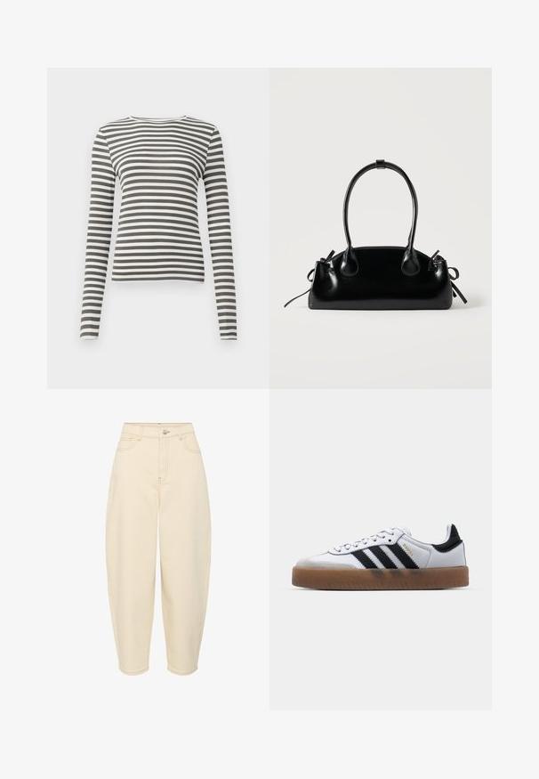 Langærmet top i olivengrøn og hvide striber. Ribbet tekstur, rund halsudskæring og tætsiddende pasform. Ingen synlige metaldele eller accenter.; Beige højtaljede jeans med en løs pasform. Har fem lommer, lynlås foran og knaplukning. Fremstillet af robust bomuldsstof.; Hvide lædersneakers med sorte striber, gummirubber sål, rund tå, snørelukning og blød grå ruskinds tåhætte.; Lille sort blank håndtaske med to lange håndtag og snøre-detaljer i siden på en ensfarvet lys baggrund.