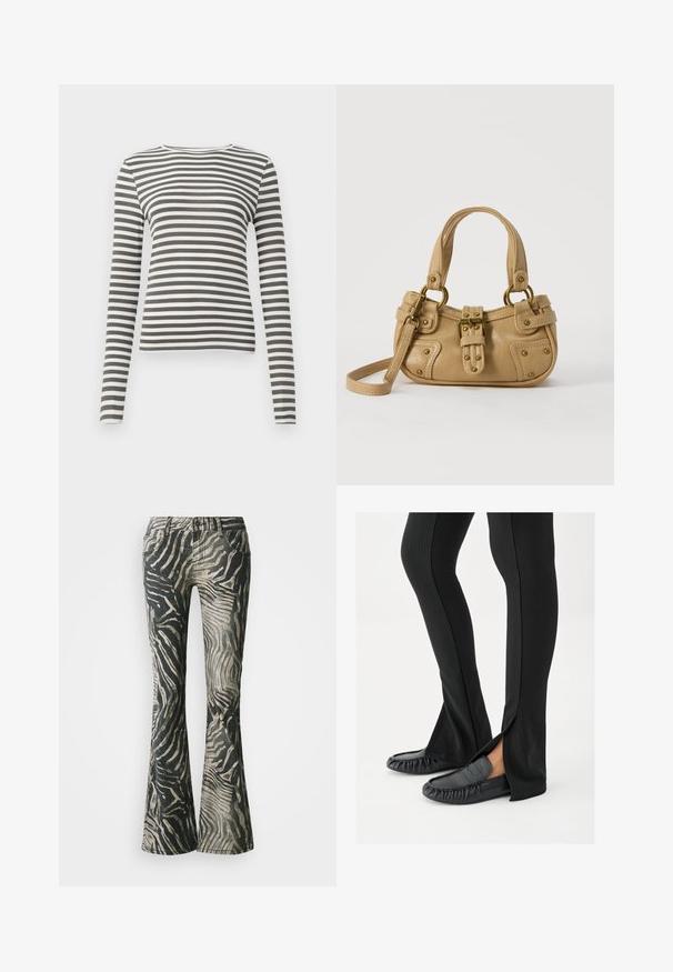 Langærmet top i olivengrøn og hvide striber. Ribbet tekstur, rund halsudskæring og tætsiddende pasform. Ingen synlige metaldele eller accenter.; Bredde jeans i et sort og beige zebra mønster, fremstillet af denim materiale, med fem-lomme design og synlige syninger.; Ben iført sorte flagrende bukser med sideslids, kombineret med sorte lædermoccasins på en hvid baggrund.; Beige læderhåndtaske med dobbelte håndtag, messing spænde og nitte detaljer samt en justerbar skulderrem mod en hvid baggrund.