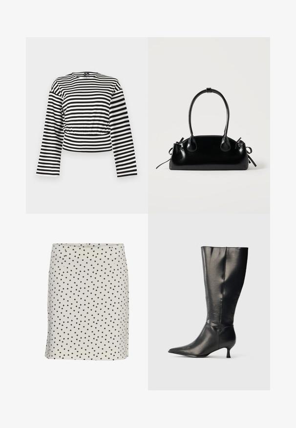 Sort-hvidt, vandretstribet langærmet cropped top med rund halsudskæring og let rynket taljedetalje.; Knælængde nederdel i cremefarvet stof med sorte hjerte mønstre. Har et tætsiddende design og lynlås bagpå. Glat tekstur overalt.; Sort knæhøj læderstøvle med spids tå og lav kittenhæl, vist på en enkel lys baggrund.; Lille sort blank håndtaske med to lange håndtag og snøre-detaljer i siden på en ensfarvet lys baggrund.