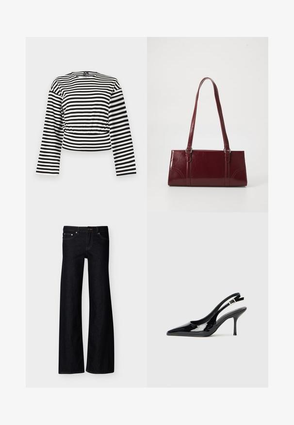 Sort-hvidt, vandretstribet langærmet cropped top med rund halsudskæring og let rynket taljedetalje.; Sorte vidde jeans i denim med forlommer, knaplukning og synlige syninger, vist mod en ensfarvet hvid baggrund.; Sorte patentlæder slingback pumper med spids tå og slank hæl. Har en justerbar spænde rem bagpå. Glat tekstur.; Bordeaux håndtaske lavet af glansfuldt materiale, rektangulær form, med to skulderremme og subtile buede detaljer på forsiden.