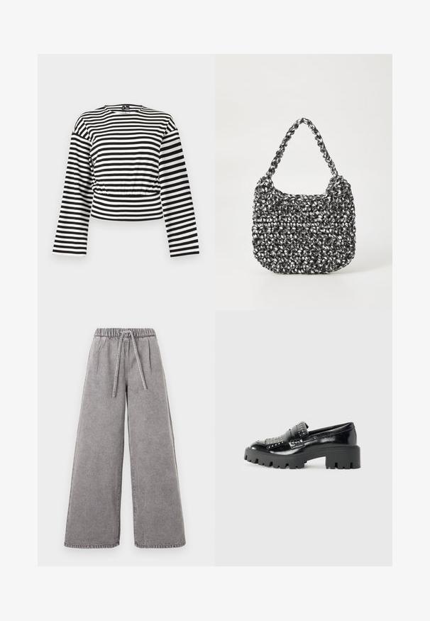 Sort-hvidt, vandretstribet langærmet cropped top med rund halsudskæring og let rynket taljedetalje.; Grå denimbukser med brede ben, elastisk talje og snøre foran, vist fladt på hvid baggrund.; Sorte patenterede læder loafers med en chunky sort platformsål, udsmykket med metalliske nitter på forfoden og et rundt tådesign.; Vævet håndtaske i sort og hvid med en rund form, tekstureret overflade og et fletet håndtag. Velegnet til afslappet brug.