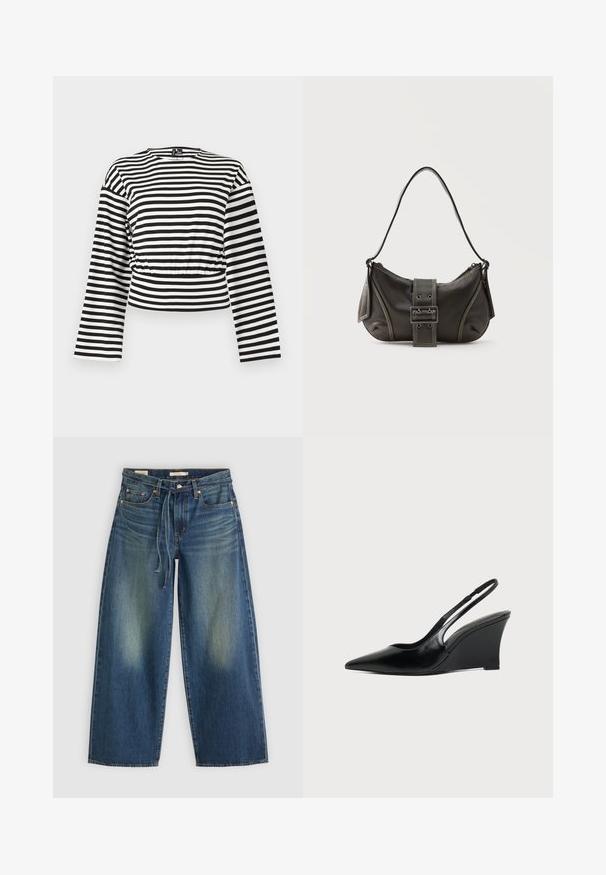 Schwarz-weiß gestreiftes, langärmliges Crop-Top mit rundem Ausschnitt und leicht geraffter Taillendetaillierung.; Dunkelblaue Denim-Hosen im weit geschnittenen Stil mit einem verwaschenen Design, ausgestattet mit einem Kordelzug am Bund und fünf Taschen.; Schwarzer Leder-Pumps mit spitz zulaufender Kappe, Keilabsatz, hohem Absatz und dünnem Riemen über der Ferse, seitlich dargestellt.; Schwarze Leder-Schultertasche mit Schnallengurt-Detail, abgerundeten Kanten und kontrastierenden weißen Nähten auf schlichtem Hintergrund.
