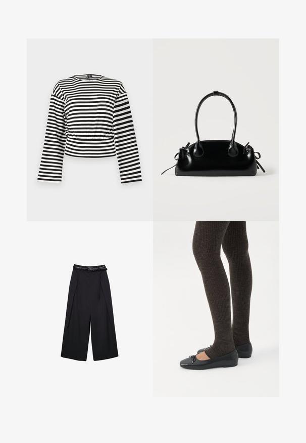 Sort-hvidt, vandretstribet langærmet cropped top med rund halsudskæring og let rynket taljedetalje.; Sorte vidde bukser lavet af glat stof, med høj talje og bæltesløjfer, med plisserede detaljer foran og uden synlige mønstre.; Ben iført mørke ribbede leggings kombineret med sorte balletsko med små sløjfedetaljer på hvid baggrund.; Lille sort blank håndtaske med to lange håndtag og snøre-detaljer i siden på en ensfarvet lys baggrund.