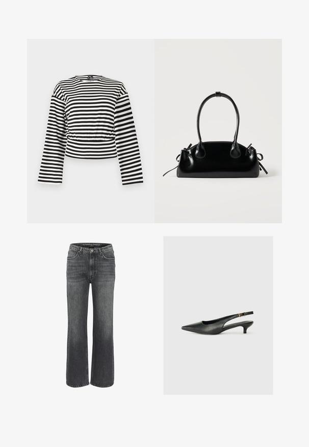 Schwarz-weiß gestreiftes, langärmliges Crop-Top mit rundem Ausschnitt und leicht geraffter Taillendetaillierung.; Weite Jeans aus dunkelgrauem Denim mit klassischem Fünf-Taschen-Design, genähten Details und einem Knopfverschluss an der Taille.; Schwarzer Slingback-Schuh mit spitzem Zehenbereich aus glattem Leder. Mit einem dünnen Absatz und einer dekorativen Schnalle am verstellbaren Riemen.; Kleine schwarze glänzende Handtasche mit zwei langen Griffen und seitlichen Kordelzug-Details vor einfachem hellem Hintergrund.