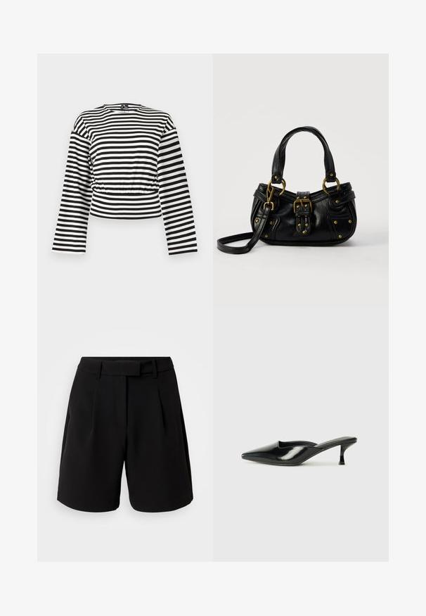 Sort-hvidt, vandretstribet langærmet cropped top med rund halsudskæring og let rynket taljedetalje.; Sorte skræddersyede shorts lavet af glat stof, med høj talje, folder, bæltestropper og sidelommer, med et rent design.; Sorte patenterede lædermules med spids tå, lav kittenheel og buede sider, der har en glansfuld finish og minimalistisk design.; Sort læderhåndtaske med guldbælge og nitdetaljer, korte håndtag og en justerbar skulderrem på en ensfarvet hvid baggrund.