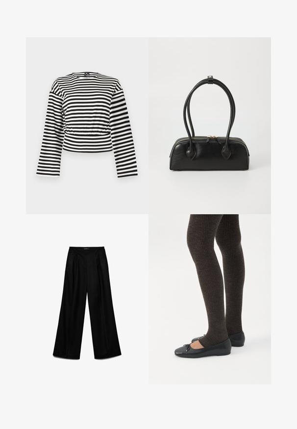 Top corto de manga larga con rayas horizontales en blanco y negro, escote redondo y detalle de cintura ligeramente fruncida.; Pantalones anchos negros con pliegues delanteros y bolsillos laterales, de talle alto con cinturilla lisa y cierre oculto.; Piernas con leggings oscuros acanalados combinados con bailarinas negras que presentan pequeños detalles de lazo sobre un fondo blanco.; Bolso de mano de cuero negro con dos asas alargadas, cierre de cremallera y forma redondeada; textura suave con un acabado ligeramente brillante.