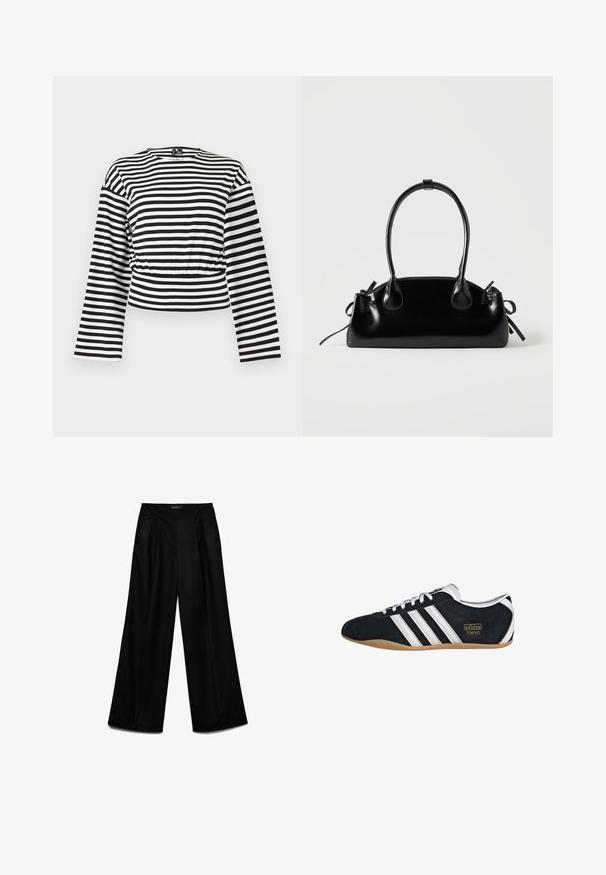 Top corto de manga larga con rayas horizontales en blanco y negro, escote redondo y detalle de cintura ligeramente fruncida.; Pantalones anchos negros con pliegues delanteros y bolsillos laterales, de talle alto con cinturilla lisa y cierre oculto.; Zapatillas de ante negro con tres franjas blancas, logotipo dorado y suela de goma marrón. Presentan un diseño de cordones de perfil bajo.; Pequeño bolso negro brillante con dos asas largas y detalles de cordón lateral sobre un fondo claro liso.