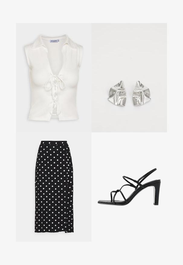 Musier MINORQUE - Débardeur - white; Jupe noire à pois blancs, faite en tissu doux. Elle présente une coupe droite et une fente en bas pour plus de liberté de mouvement.; Sandales noires à talons avec des fines lanières, une finition texturée, bout ouvert et un design de talon pointu et élégant. Équipées d'une semelle intérieure lisse et d'une surface brillante.; Boucles d'oreilles en métal argenté avec un design ondulé et sculptural, présentant une finition polie et des formes irrégulières, mettant en valeur une esthétique contemporaine.