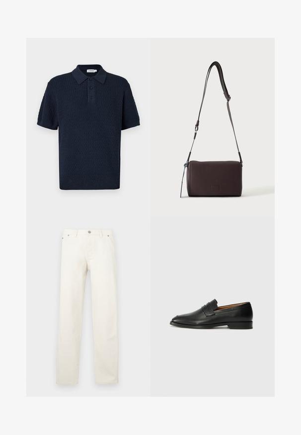 Polo texturé bleu marine à manches courtes avec patte de boutonnage trois boutons et col et poignets côtelés.; Jean blanc à jambe droite en denim, doté d'une braguette à boutons, de passants pour ceinture et de cinq poches. Le tissu présente une texture lisse.; Mocassin en cuir noir avec un bout arrondi, des coutures subtiles et un talon bas, présentant une texture lisse et un design minimaliste.; Sac bandoulière en cuir marron foncé texturé avec une sangle réglable et un petit accent décoratif bleu sur le côté.