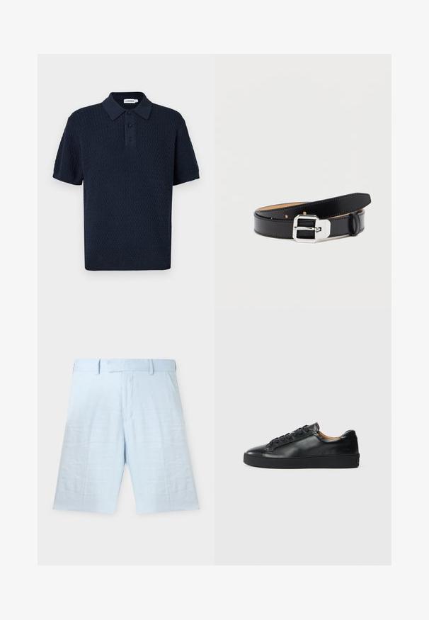 Polo texturé bleu marine à manches courtes avec patte de boutonnage trois boutons et col et poignets côtelés.; Shorts bleu clair tailleur à la longueur genou avec passants pour ceinture, poches avant et design épuré, minimaliste sur fond blanc.; Baskets en cuir noir avec une texture lisse, bout rond et fermeture à lacets. Comprend une semelle en caoutchouc épaisse et un minimum de détails de marque.; Ceinture en cuir noir avec une boucle rectangulaire argentée brillante, présentant une surface lisse et plusieurs trous de réglage le long de sa longueur.
