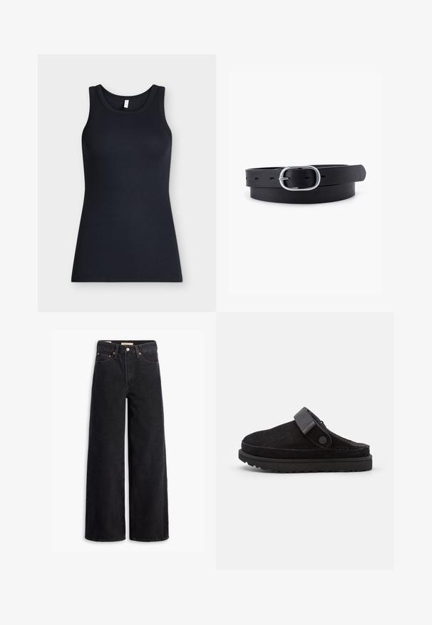 Schwarzes ärmelloses, geripptes Tanktop mit rundem Ausschnitt, flach auf hellem Hintergrund dargestellt.; Schwarze weite Jeans aus Denim mit fünf Taschen, Kupferrivets und einem klassischen Knopfverschluss. Glatte Textur mit einem klaren Design.; Schwarze Wildleder-Pantoletten mit runder Zehenpartie, weichem Material, verstellbarem Riemen und dicker Gummisohle mit strukturiertem Profil für besseren Halt.; Schwarzer Leder Gürtel mit glatter Textur, ovaler silberner Metallschnalle und mehreren Einstelllöchern entlang des Riemens. Flaches, minimalistisches Design.