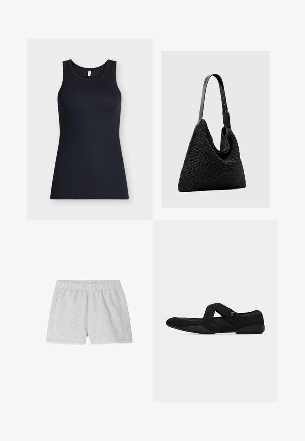 Zwarte mouwloze geribbelde tanktop met ronde hals, plat gelegd tegen een lichte achtergrond.; American Vintage SHORT FEMME ATUBAY - Trainingsbroek - arctique chine; Zwarte platte schoen met elastische band en ronde knoopdetail, voorzien van een gesloten neus en uitgesneden zijkanten voor ademend vermogen.; Zwarte geweven draagtas met een zacht, gestructureerd lichaam en een vlakke basis, voorzien van een glad leren zwarte schouderriem en een afgeronde vorm.