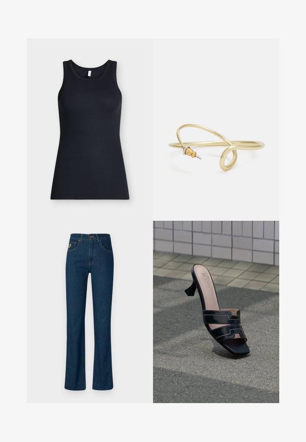 Sort ærmeløs ribstrikket tanktop med rund halsudskæring, vist fladt mod en lys baggrund.; Mørkeblå denim jeans med lige ben design, som har knaplukning, kontrastsyninger og en forlommes med et lille logo patch.; Sort åben tå højhælede mule med dobbelt strop og firkantet tå på tekstureret fortov mod baggrund af flisevæg.; Guldfarvet metalarmbånd med flydende, kurvet design. Har en lille, fremtrædende sølvfarvet accent i den ene ende.