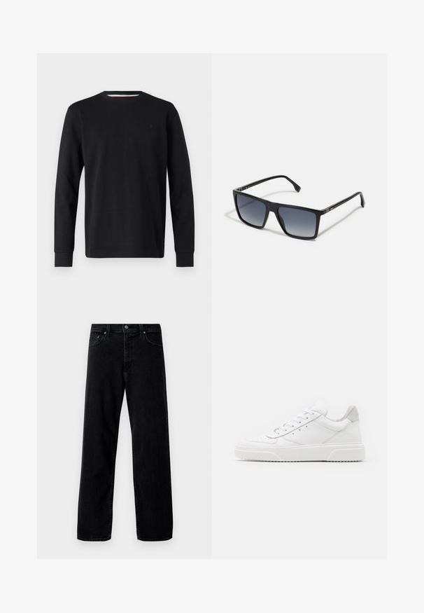 Replay Longsleeve - black; Hollister Co. Baggy jeans - washed black; Witte leren sneakers met een gladde afwerking, ronde neus, platte veters en een gestructureerde zool. Grijze suède accent bij de hiel.; Zwarte rechthoekige zonnebril met een vervaagde tint van donker naar licht op de glazen. Plastic montuur met een slank ontwerp en minimale hardware-details aan de zijkanten.
